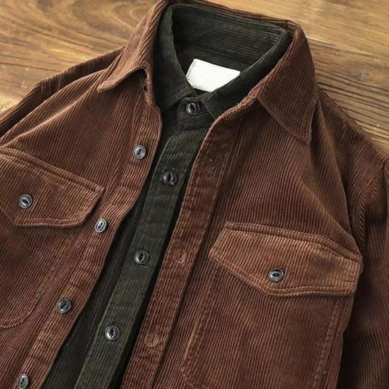 Yousheng Spring Fall Men Cargo Plaid Print Single-breasted Long Sleeves Corduroy Retro Japanese Style with Chest Pockets Loose Mid Length Cardigan Top