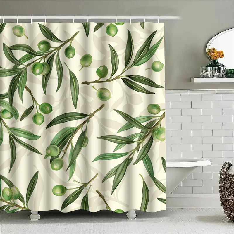 Olive Branches Shower Curtain Natural Green Fruit Pattern, Waterproof Fabric Decor For Bathroom Tiles Backdrop In Bathrooms Kitc