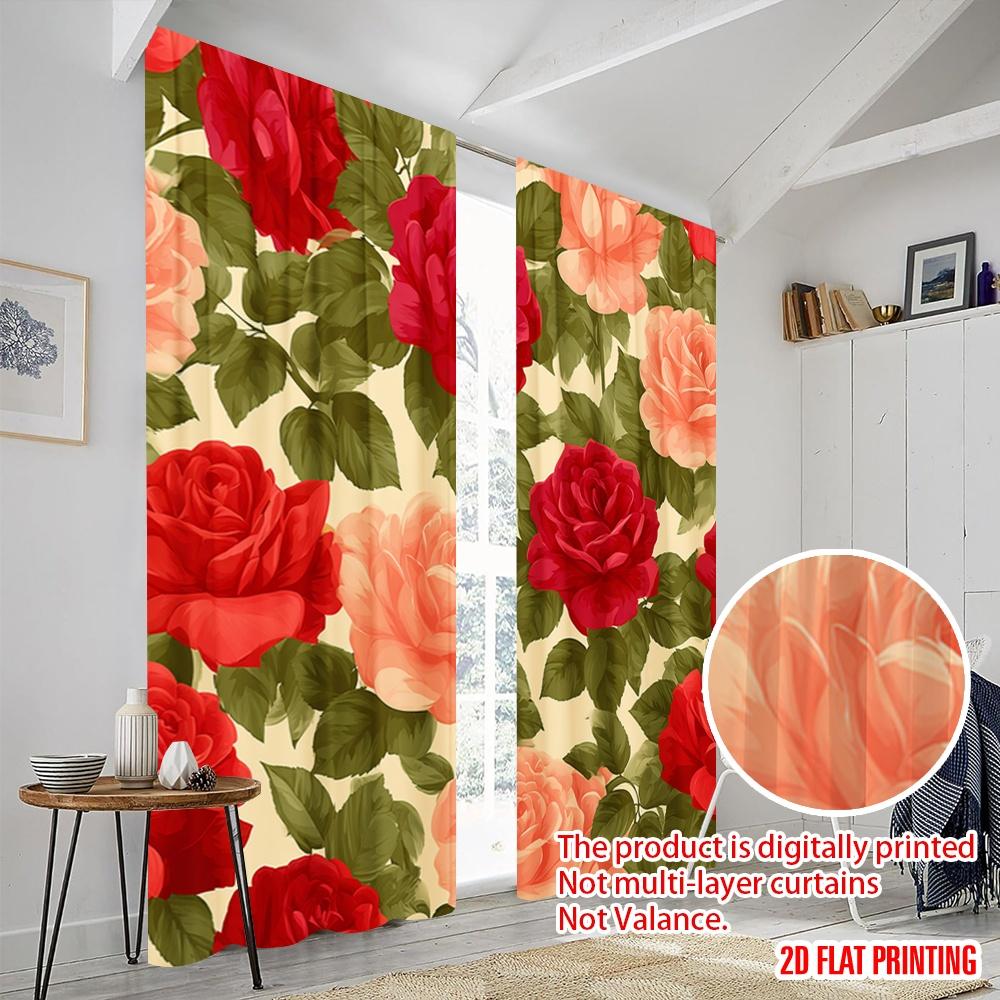 2 szt., drukowana tkanina zasłonowa 2D, czerwone i różowe róże, kwitnąca, wszechstronna, trwała, poliester (bez pręta) Świąteczny do Kuchni