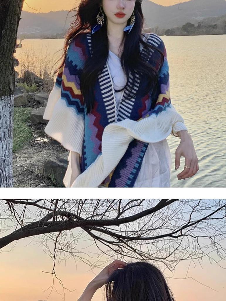 Manufacturer's New Ethnic Style Ruffled Knit Shawl: Xinjiang Stripe, Sichuan-West Travel, Thick and Warm
