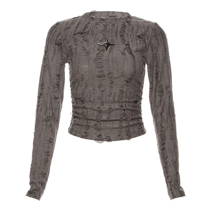 

Weird Puss Distressed Embellishment Upper Clothes Long Sleeves T-shirt Grey S