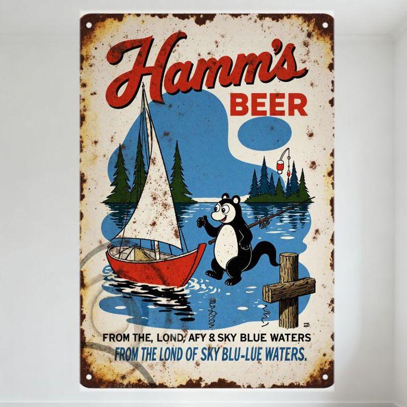 Vintage Hamm s Beer Metal Tin Sign with Sailboat & Bear, Weathered Aged Distressed Rusty Edges Decor for Man Cave Bar Pub Home 20x30cm（7.8x11.8inch）