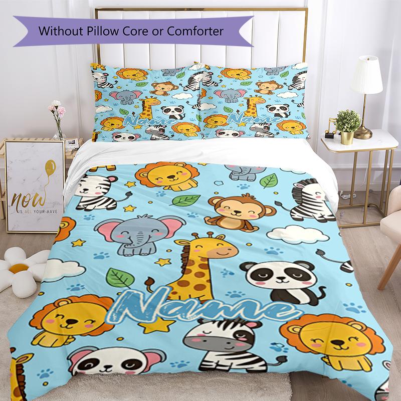 3pcs Custom Name Animals Bedding Set Duvet Cover Closure Includes 1 Duvet Cover & 2 Pillowcases, Soft and Comfortable for All Seasons.