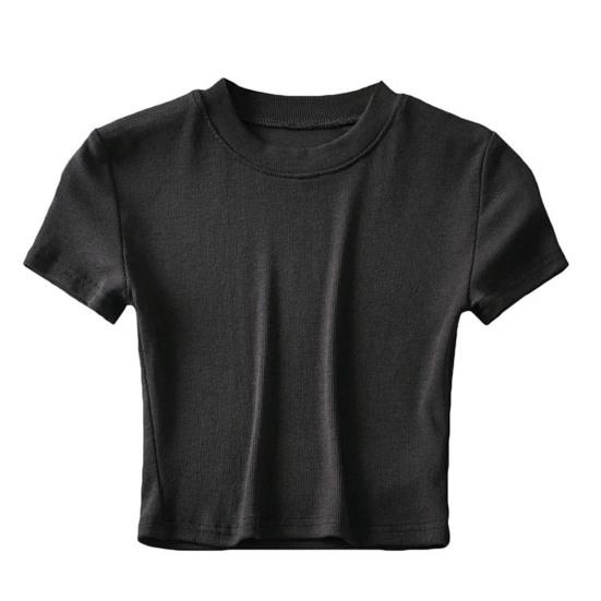 Women Summer Crop Top O Neck Short Sleeve Slim Fit Stretchy Solid Color Waist-exposed Casual Soft Breathable Lady T-shirt