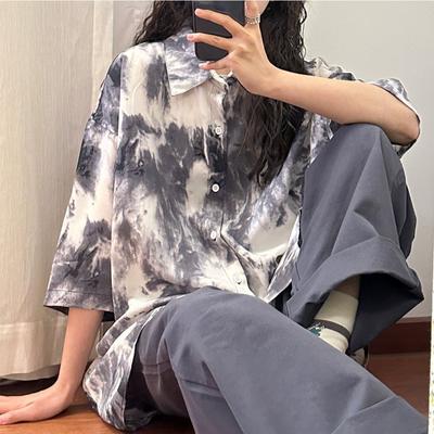Summer New Loose Trendy Brand American Retro Washing Tie-dyed Short-sleeved Shirt for Women Half-sleeved Teenager