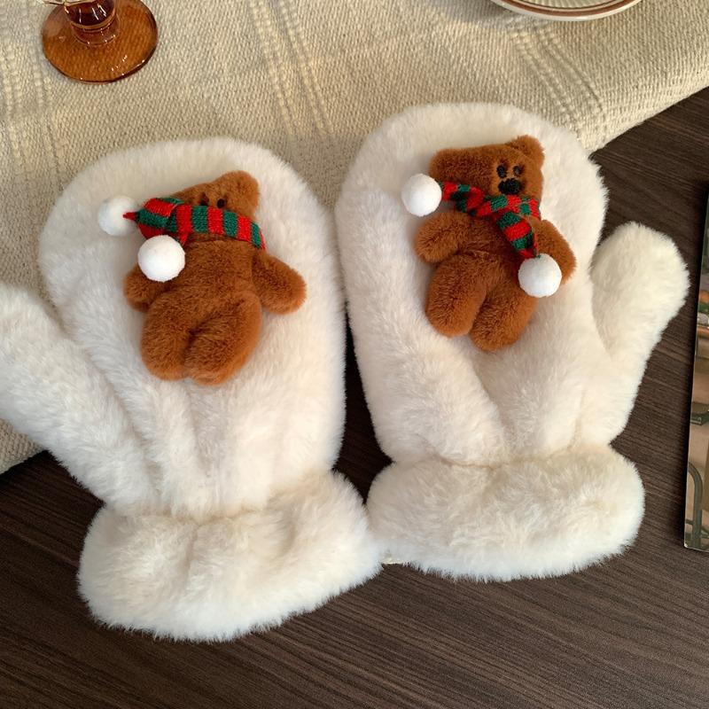 Cute Biscuits, Bears, Plush Gloves, Women's Winter Warmth, Thickened and Plush Fingers Can Be Hung Around the Neck, Student Christmas Gifts