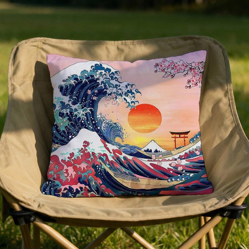 Japanese Waves Cushion Cover Soft Reversible  Durable Pillow Cover  MultiScene Use for Home  Car Daily Comfort