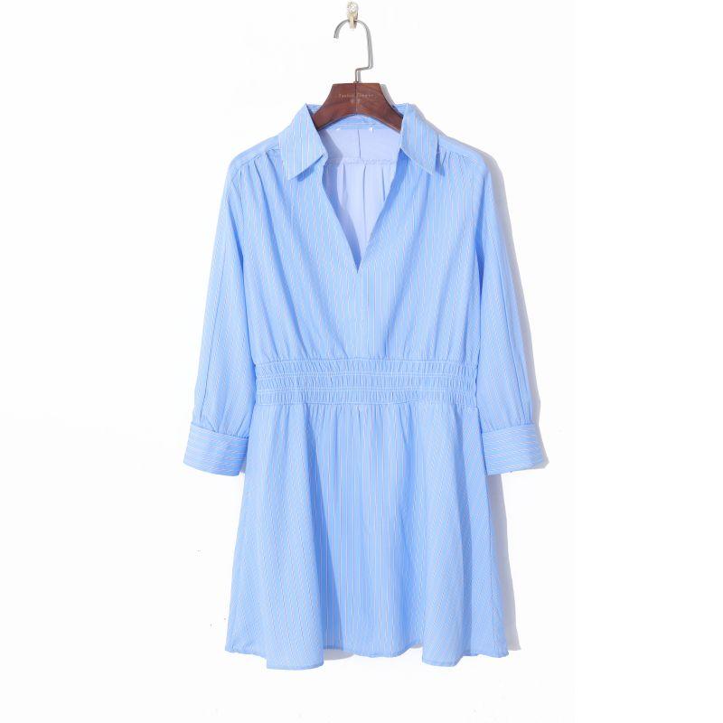 

2023 Fall Women s Clothing K-style Mixed Color Stripe Elegant Flanging V Neck Pullover Drop-Shoulder Sleeve Elastic High Waist Dress Blue Stripe XS