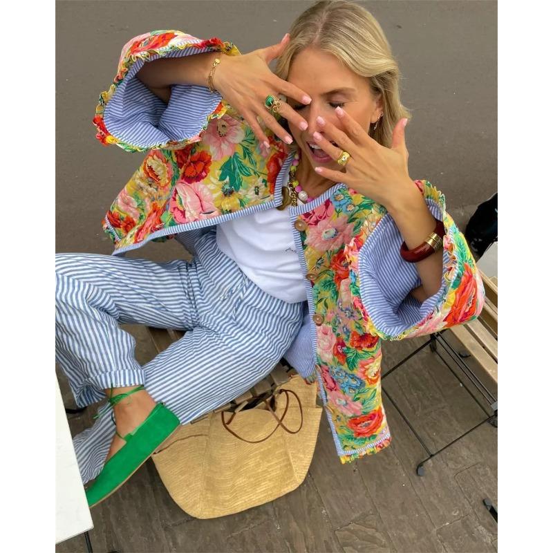 Print Retro Steppjacke Damen Mode Rundhals Glockenärmel Mantel Einreihig Tasche Retro Neu In Jacken Winter Outwears