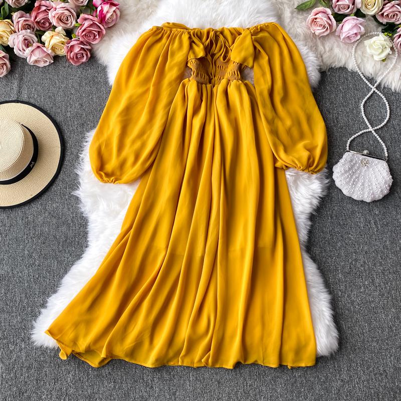 Gentle Style Dress Autumn SpringNew Female French Retro Square Collar Foreign Style Bubble Sleeve Chiffon Dresses