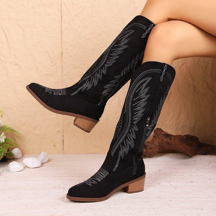 Large size western cowboy knight boots autumn and winter tall tube embroidered side zipper suede women's boots