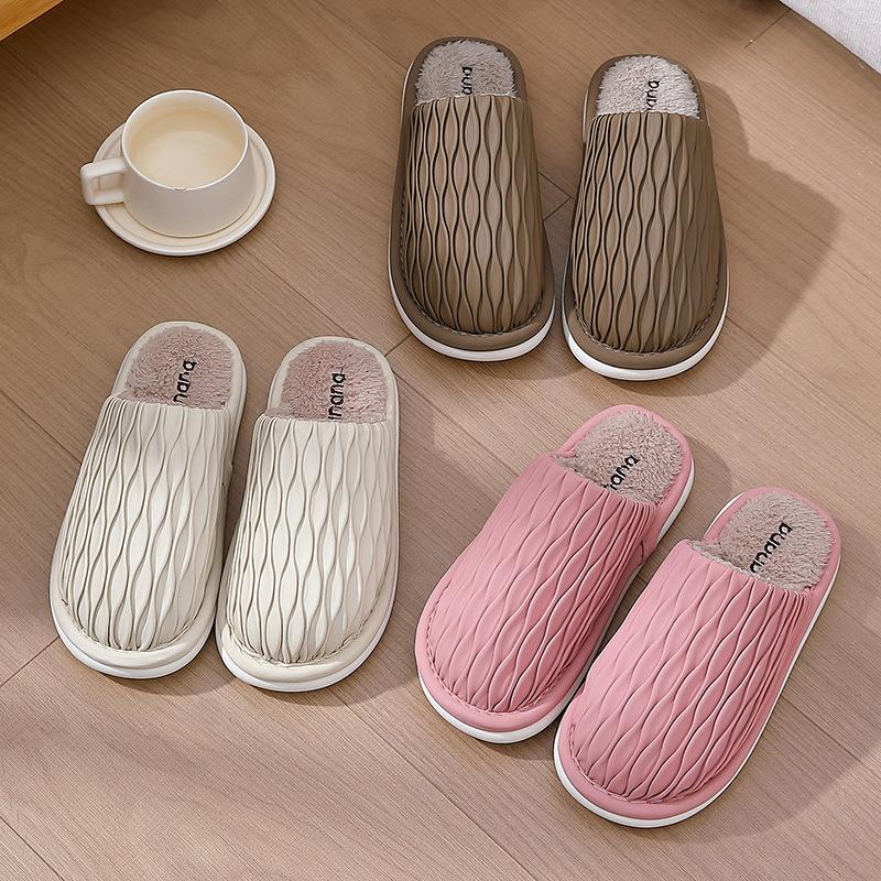 Home cotton slippers winter couple pu waterproof creative plush warm non-slip indoor household cotton mop