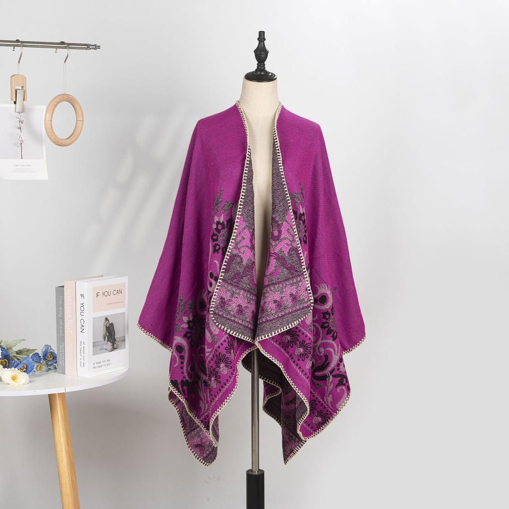 Double-Sided Imitation Cashmere Jacquard Split Women'S Shawl Warm Thickened Shawl Air-Conditioned Room Travel Cloak