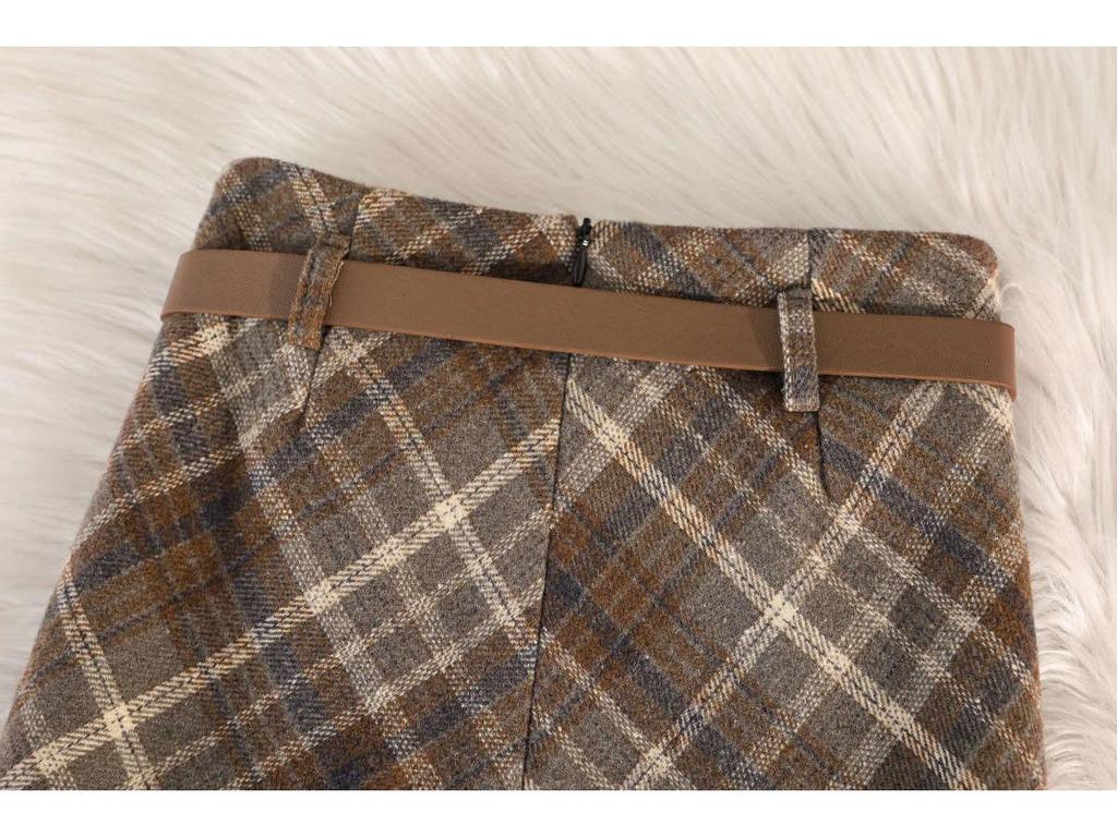 Women's Retro Plaid Wool Midi Skirt - High Waist, Slimming, A-Line, with Slit for Autumn/Winter