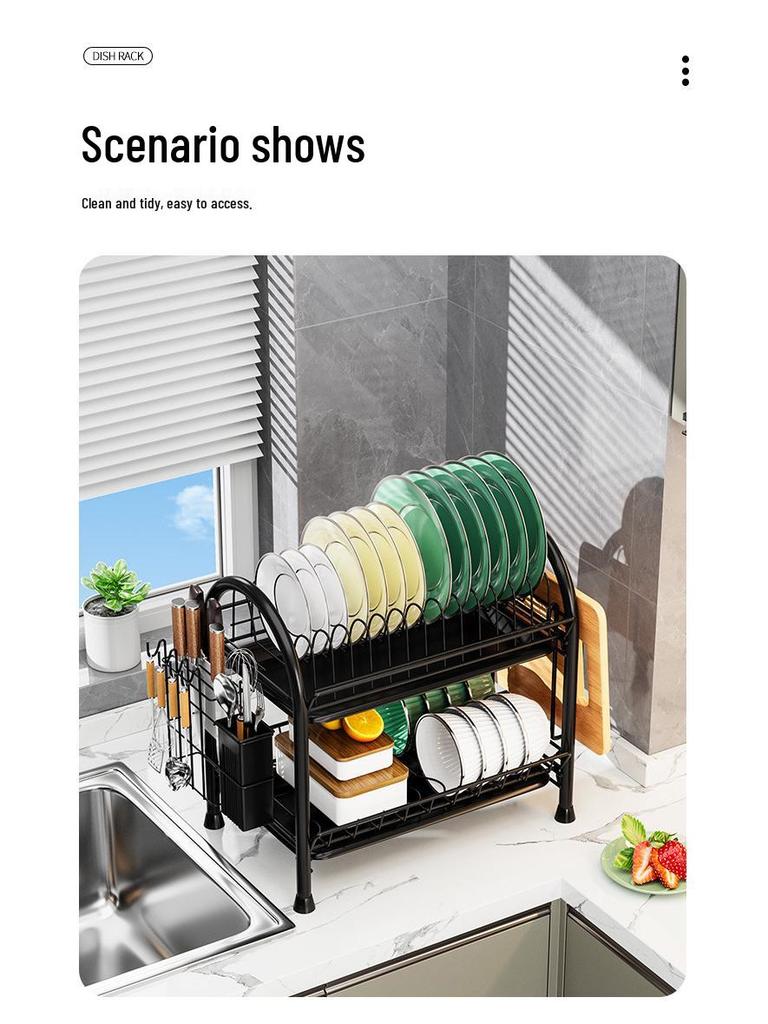 Kitchen Countertop Dish Drying and Storage Rack with Basket for Plates and Utensils