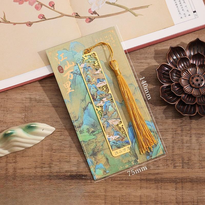 Retro Chinese Landscape Brass Bookmark Hollow-out Mountains Scene Boor Tak with Silk Tassel  Antique Gift for Book Lovers