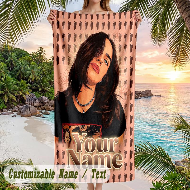 Billie Eilish Beach Towel, Personalized Custom Name Text, Quick Dry Large Absorbent Towel For Beach Pool