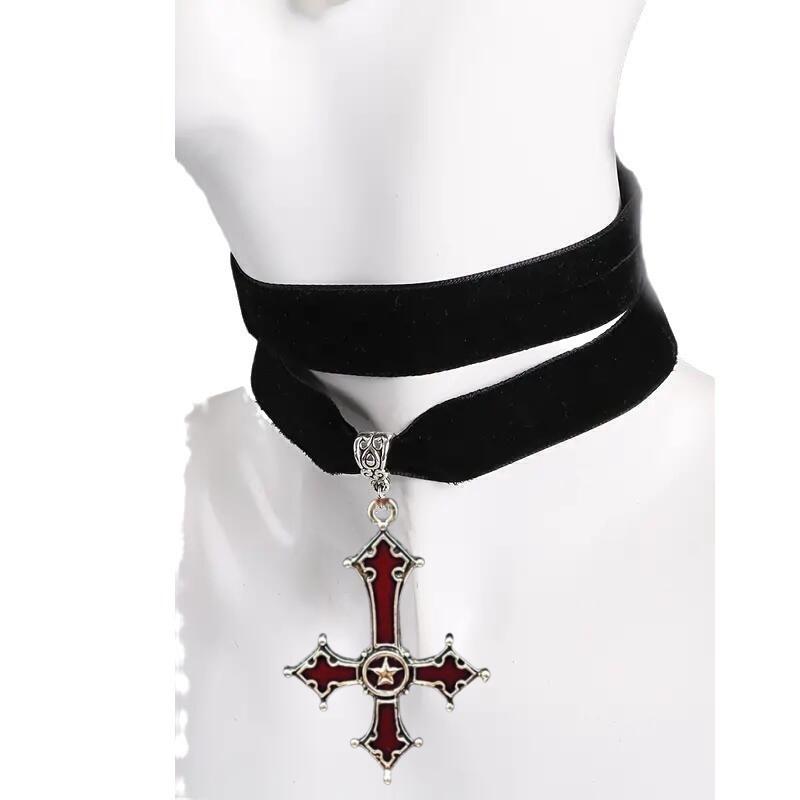 Gothic Style Vintage Velvet Coffin Cross Pendant With Cherry Elements For Halloween Decor