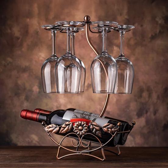 Wine Glass Rack & Bottle Holder, 2-Tier Iron Freestanding Wine Rack, Rustic Vintage Bottle Holder, Countertop Home Bar Decor