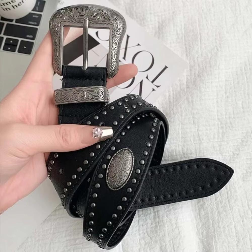 Y2K Black Belt Waist Seal American Style Leather Wide Belt New Rivet Belt Gifts