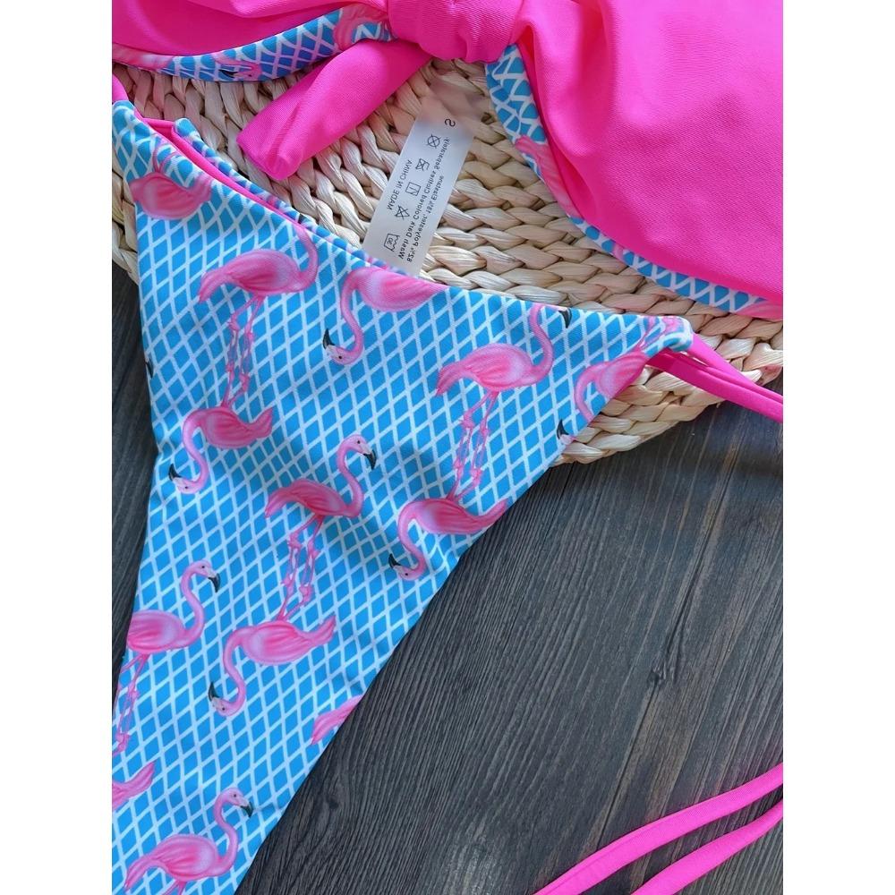 Sexy Grid Flamingo Print Swimsuit Woman 2026 New Two-Piece Swimwear Push Up Thongs Bikinis Set Bathing Suit Biquini