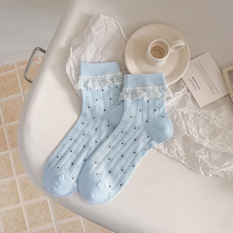 

Spring and Summer Girls Short Legged Lace-Ribbed Padded Socks with Polka Dots and Openwork Design - Perfectly Versatile Lightweight Socks 1 pair синій
