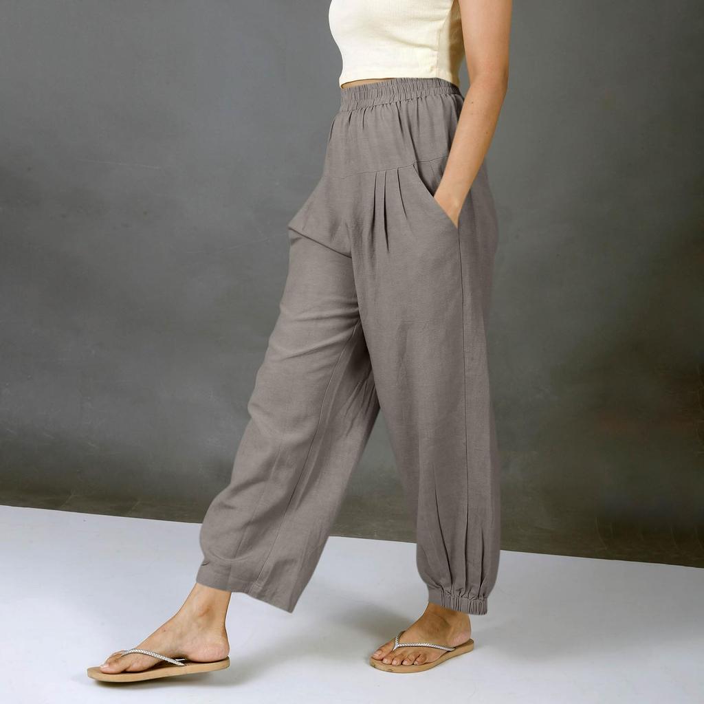 Women's Fashionable Casual -Color Cotton-Linen Trousers With Elastic Waistband And Pockets