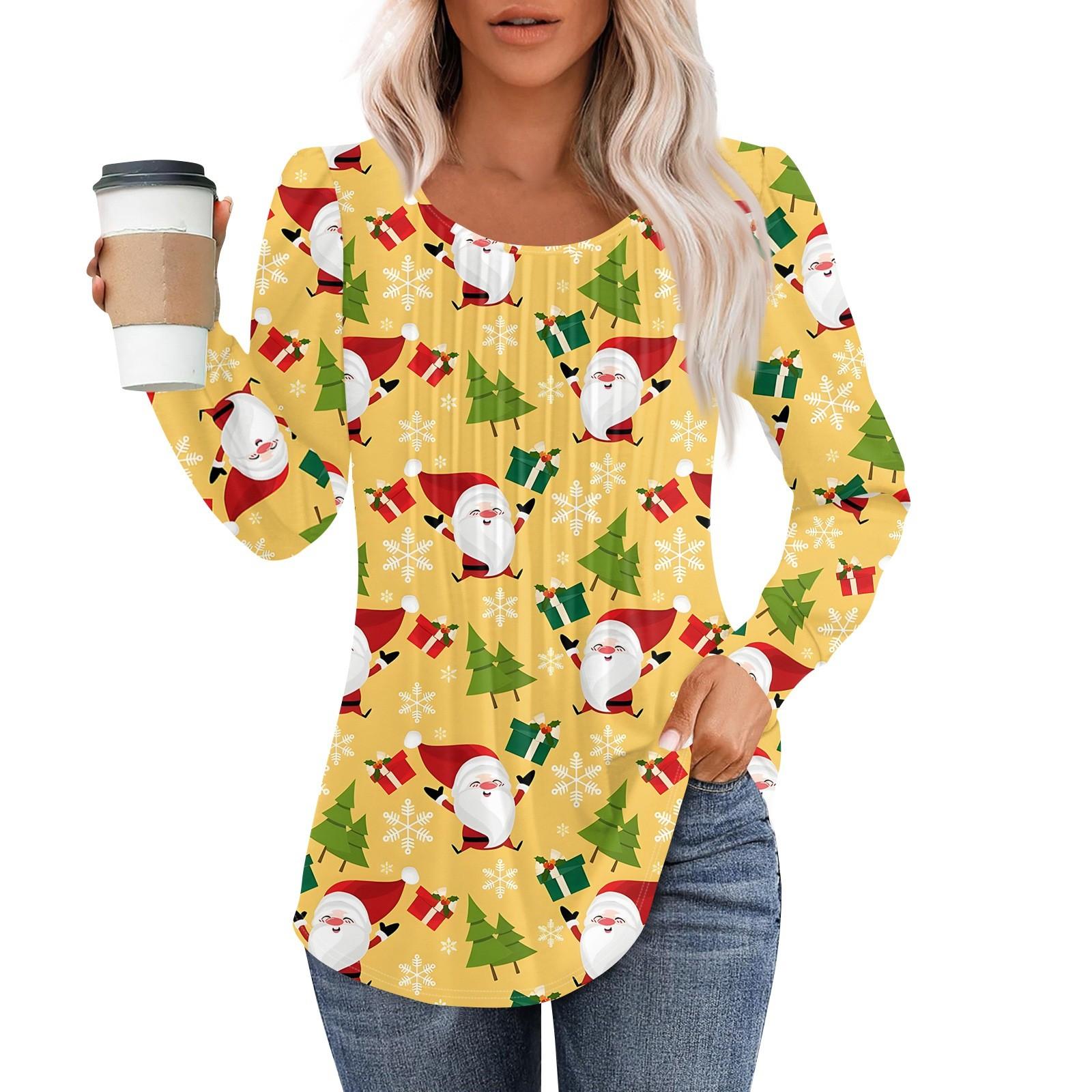 

Рубашки с длинным рукавом для женщин, топы, нарядные повседневные блузки с рождественским принтом, плиссированные туники с круглым вырезом S жёлтый
