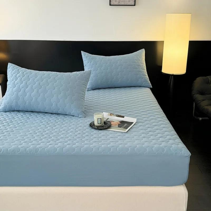 

2025 new Class A polished padded fitted sheet, solid color simple and comfortable 360 ° all-inclusive single-piece fitted sheet only 2pcs pillowcase