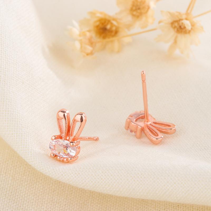 S925 Silver Cute Bunny Stud Earrings Micro Paved CZ Sweet Ladylike Small Rabbit Ear Jewelry For Women Girls