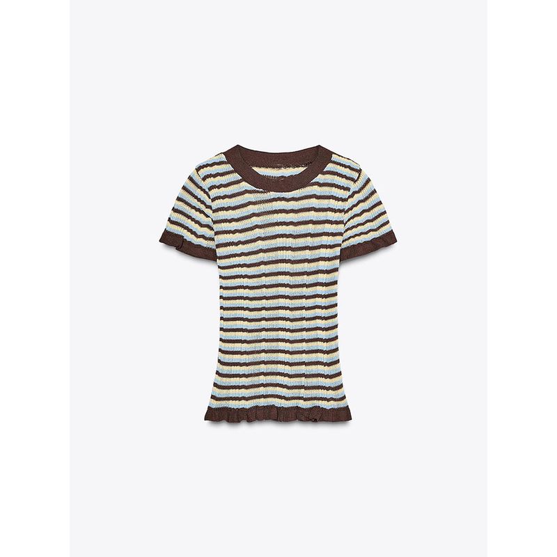 Za2025 Summer New Women clothes Versatile Comfortable Laminated Decoration Stripe round Neck Short sleeve T-shirt 5644786