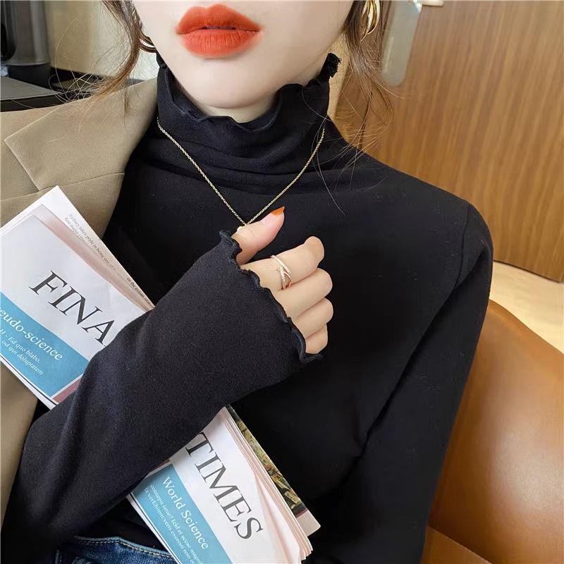 

Women s Slim Fit Double-Sided Plush Long Sleeve T-Shirt - Black, Half-High Collar, Mushroom Edge, Pure Color, Autumn/Winter XXL чорний