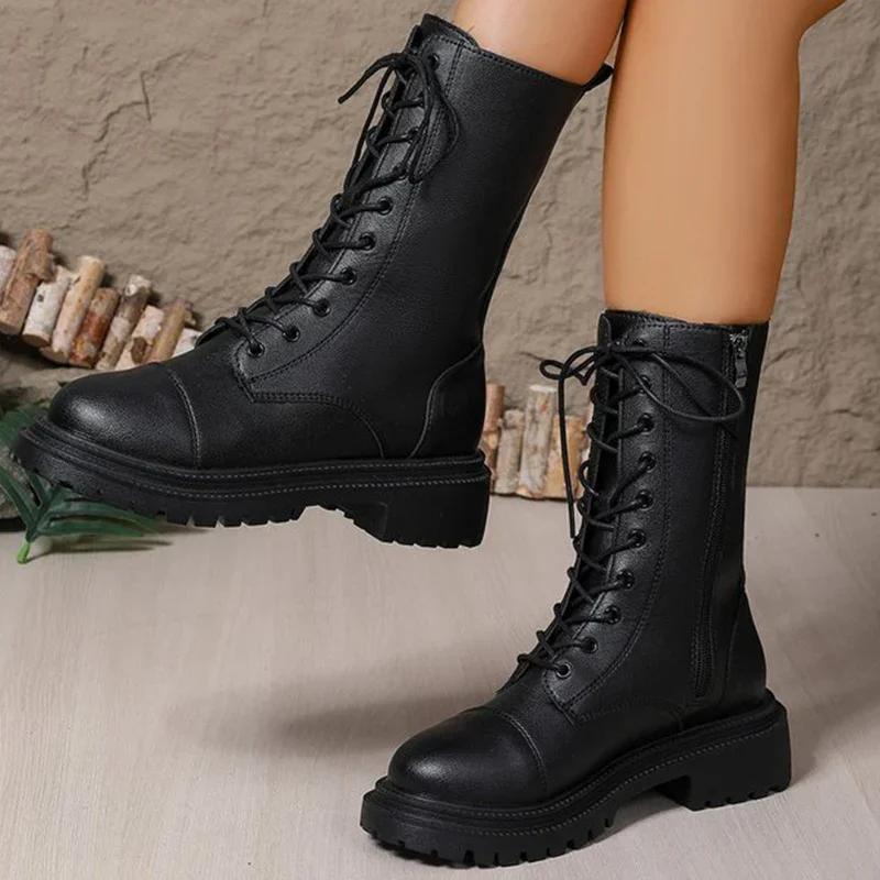 Fashion Fashion Solid Zip Mid Calf Boots for Women Autumn Winter Platform Heels Motorcycle Boots Women Temperament Lace-Up Shoes Woman