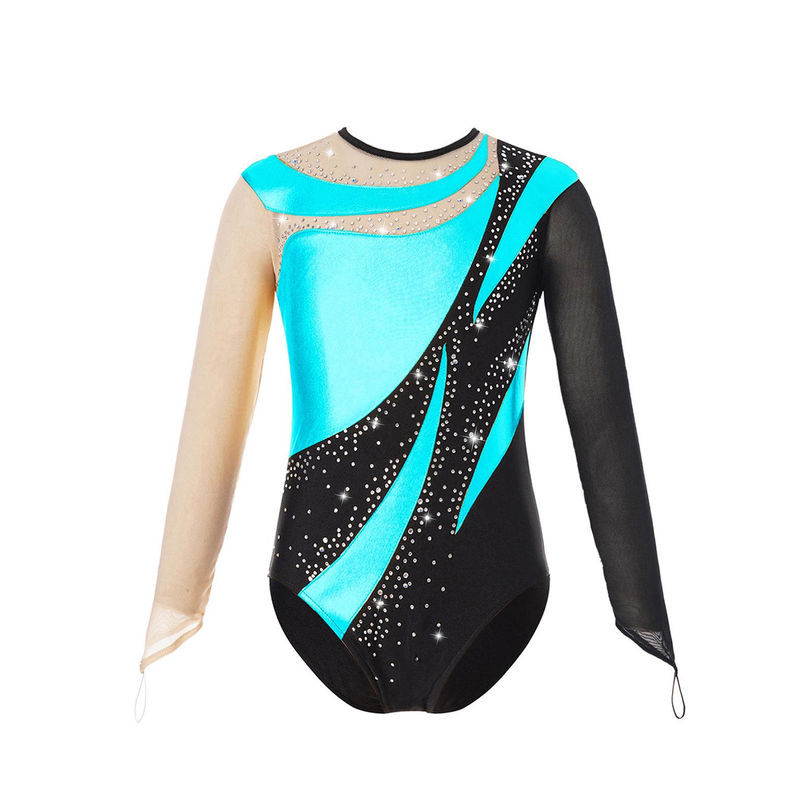 Mädchen Metallic Gymnastikanzug Langarm Schlüsselloch Rücken Eislaufen Kostüm 5-6 Years türkis