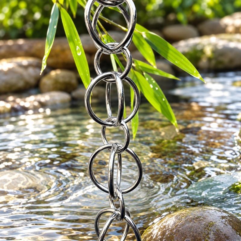 Gutter Outlet Rain Chain in Aluminum Alloy, Open Rings Structure Directs Roof Runoff Down a Continuous Vertical Hanging Chain