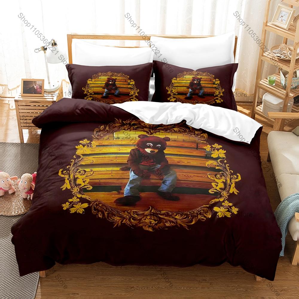 Psychedelic Graduation Bear Graphic Ye Kanye West Vintage Hip Hop Star Bedding Set Duvet Cover With 2 Pillowcases Teen Urban