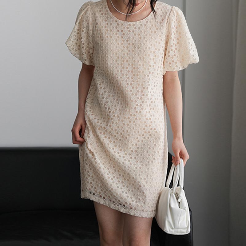 

ZANZEA Женские повседневные платья с круглым вырезом, короткими рукавами-буфами и кружевом 4XL бежевый