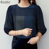 ZANZEA Blusa Casual de Mujer con Cuello Redondo y Manga 3/4 Suelta con Estampado de Cuadrícula