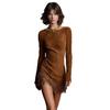 Women’s Figure-hugging Skirt Vintage Western-style Round-neck Fitted Long-sleeved Fringed Faux Suede Dress