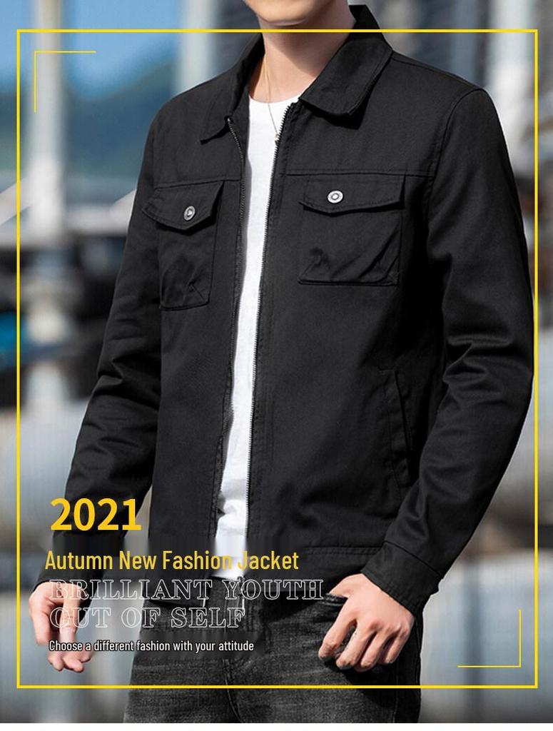 Men's Casual Black Denim Jacket, Versatile Spring & Autumn Workwear, Trendy Turn-Down Collar Top