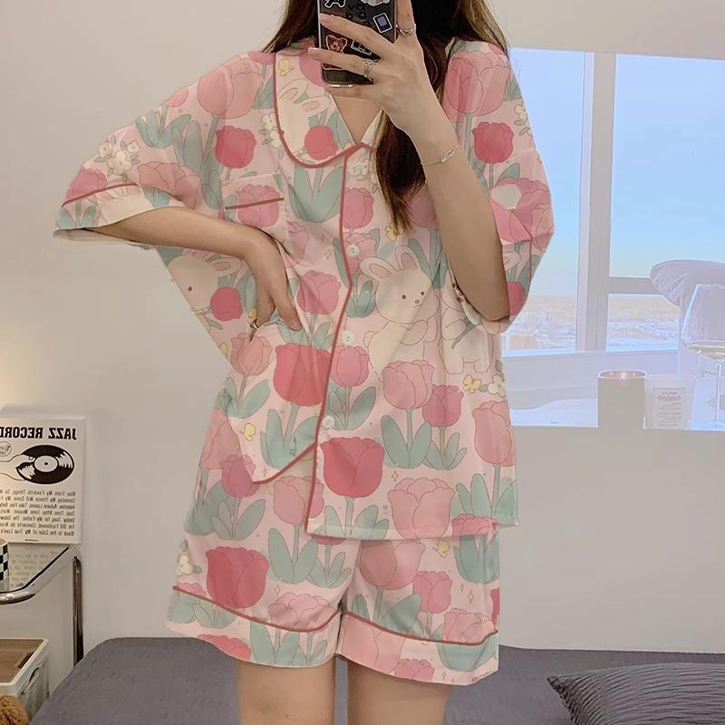 GMXIA High-quality Cotton-like Cute Cardigan Short-sleeved Student Pajamas for Women, Sweet Summer Style for Women's Home Wear