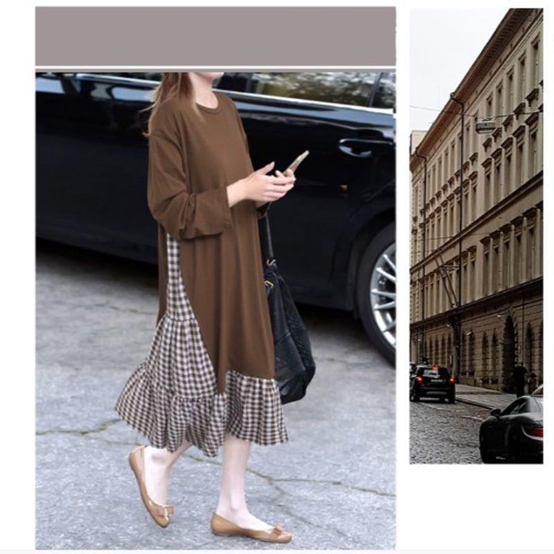 

European Dress Loose Dress Fake Two-Piece Brown XL