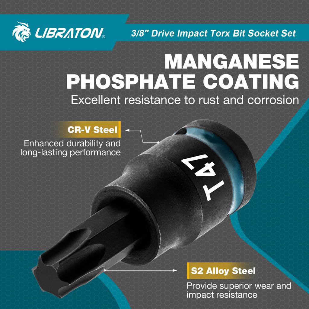LIBRATON Torx Bit Socket Set, 3/8 inch (9.5 mm) Drive, S2 Steel, Star Bit Socket Set, T10-T60, Impact Torx Socket Set, 24-Piece Set