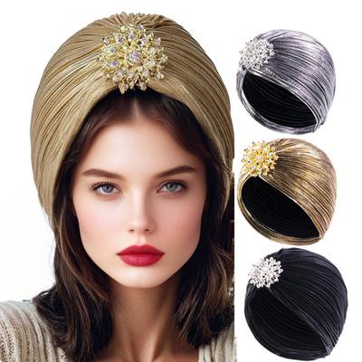 Headscarf Hat with Fancy Pleats Rhinestones Retro Style Women Turban Hat 20s 30s Vintage Headpiece Hair Accessories