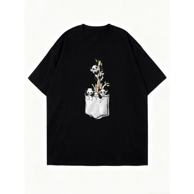 T-shirt Oversize Noir Imprimé Panda dans la Poche Vêtement d'Été Décontracté