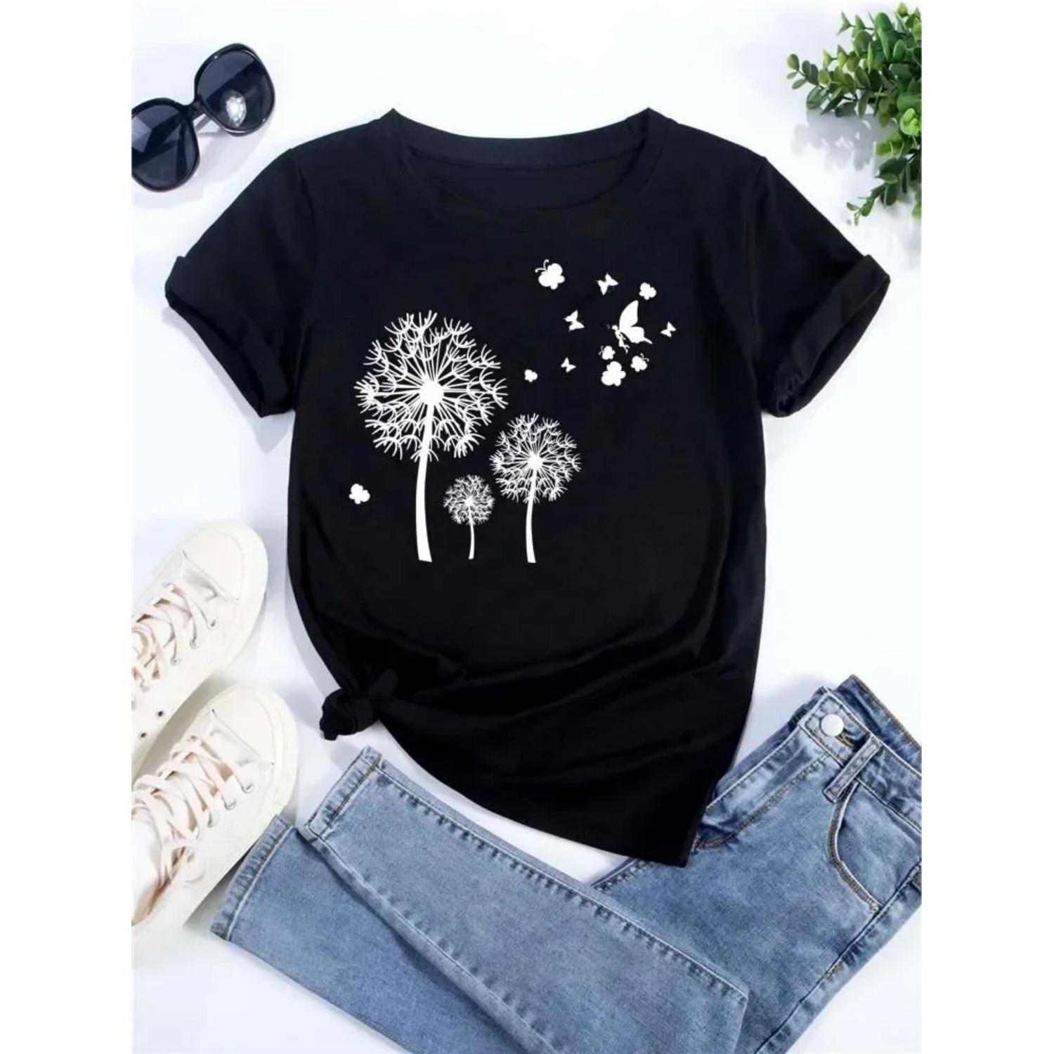 Dandelion Printed T-shirts Women T Shirt Summer Graphic Tee Shirt Round Neck Harajuku Top Shirts for Women Streetwear S