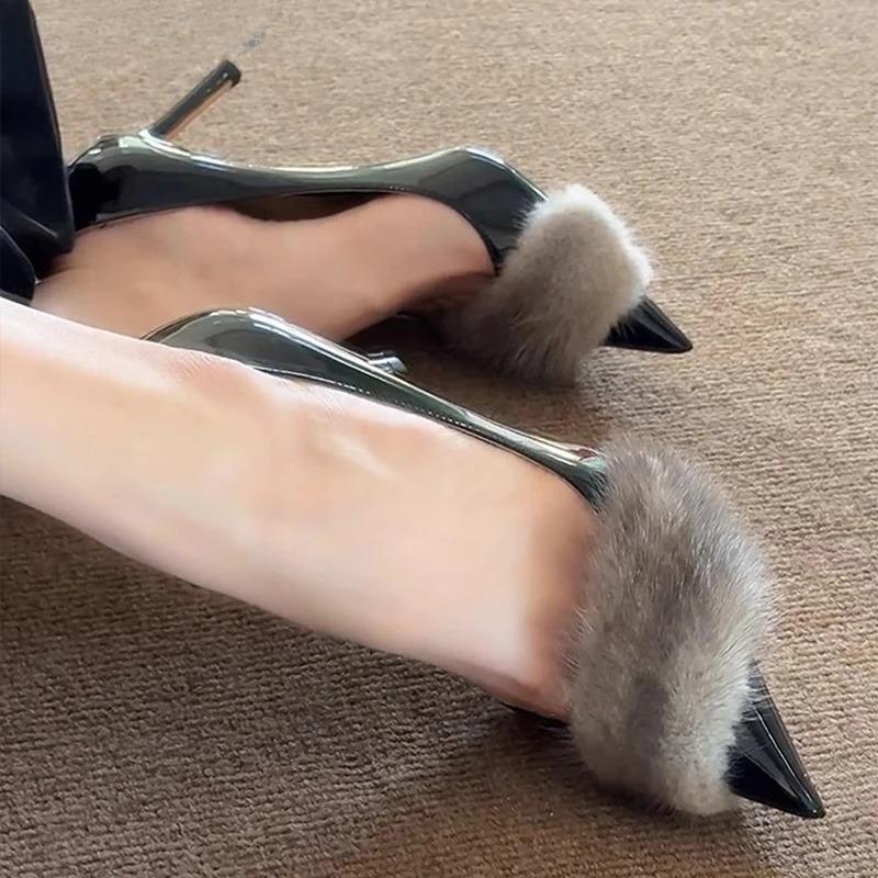 Módní Kožešinové Dámské Boty na Vysokém Podpatku Módní Sexy Špičaté Sandály na Podpatku Nové Léto 2025 Designové Párty Lodičky Boty Žena Sandalias