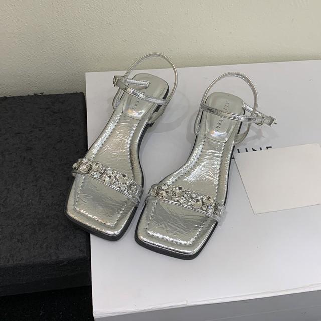 French rhinestone word with sandals thick heel high heels summer new silver cool slippers with skirt fairy shoes