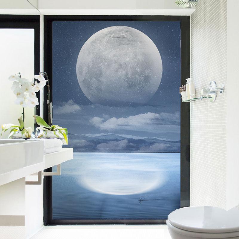 Sea Scenery Moon Landscape Pattern Privacy Window Film Static Clings Stickers Sliding Door Bathroom Window Decor Glass Films
