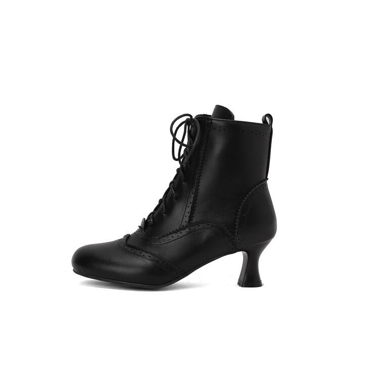 Round Head Lace-up Medium Heel European and American Style Lace-up Martin Boots Short Boots